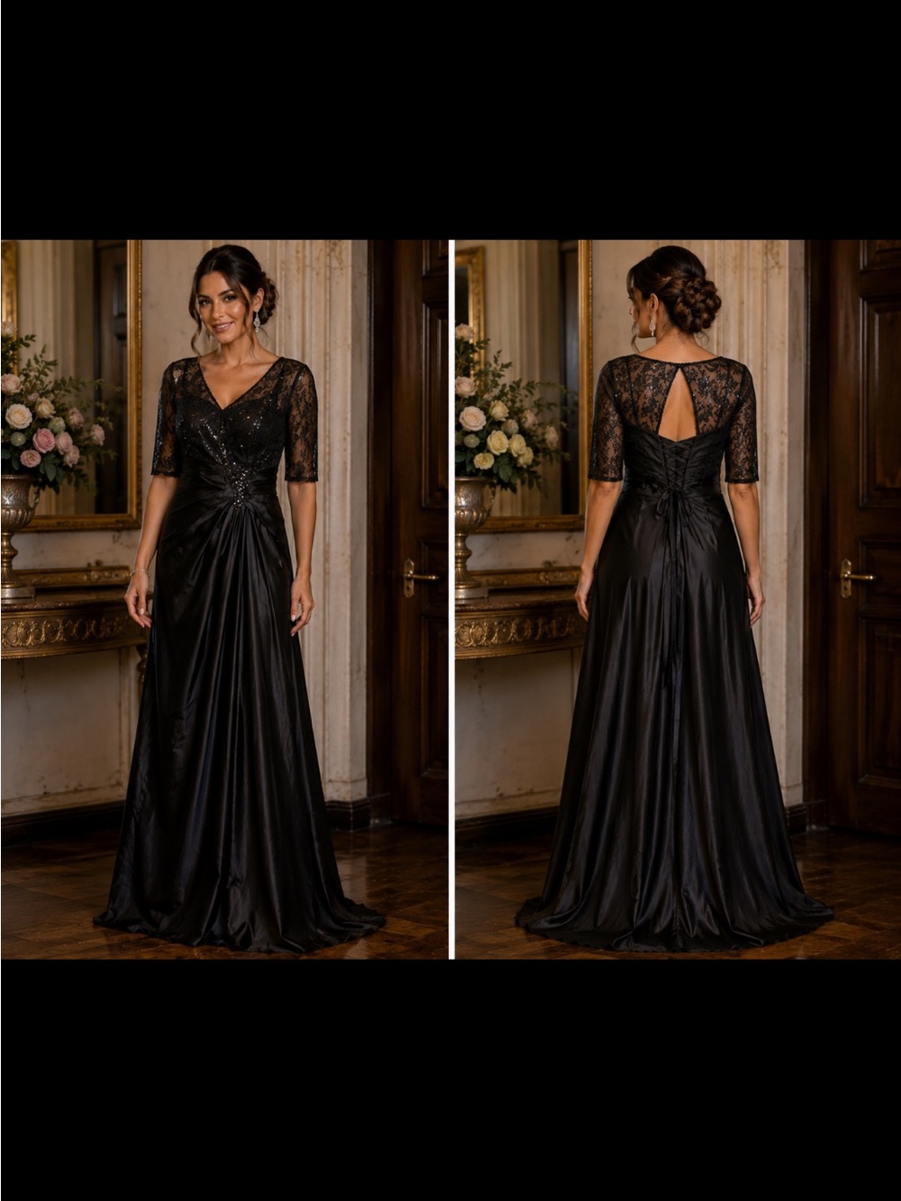 Black Lace-Embellished V-Neck Maxi Dress with Satin Skirt